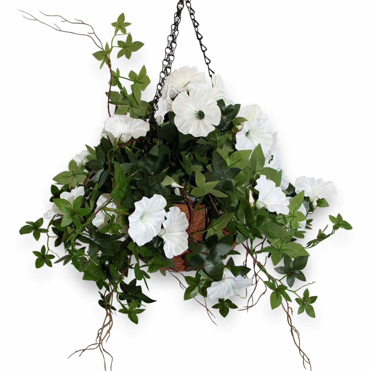 Artificial 'morning glory' white flower hanging basket - The Artificial