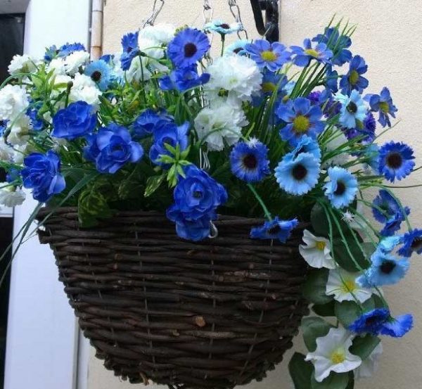 Blue and white artificial hanging basket