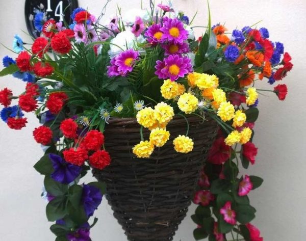 Cone artificial hanging basket with colourful flowers