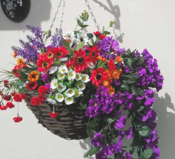 Purple white and red artificial hanging basket