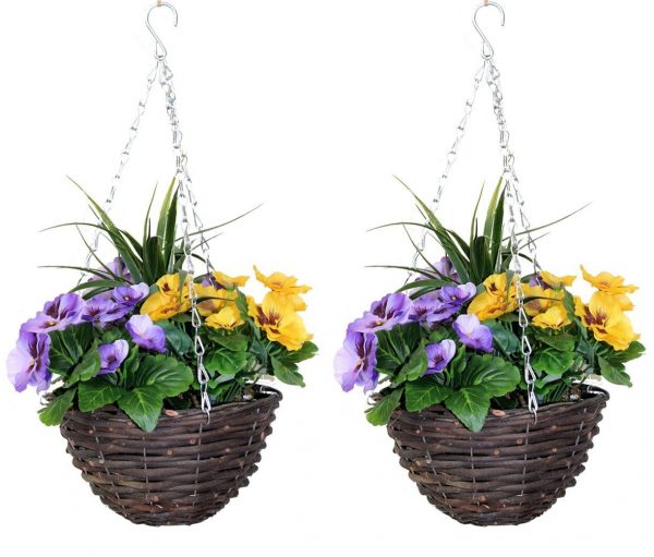 Pair of artificial hanging baskets with yellow and purple flowers