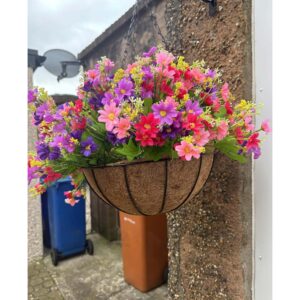 Pretty multicoloured artificial hanging basket - outside view